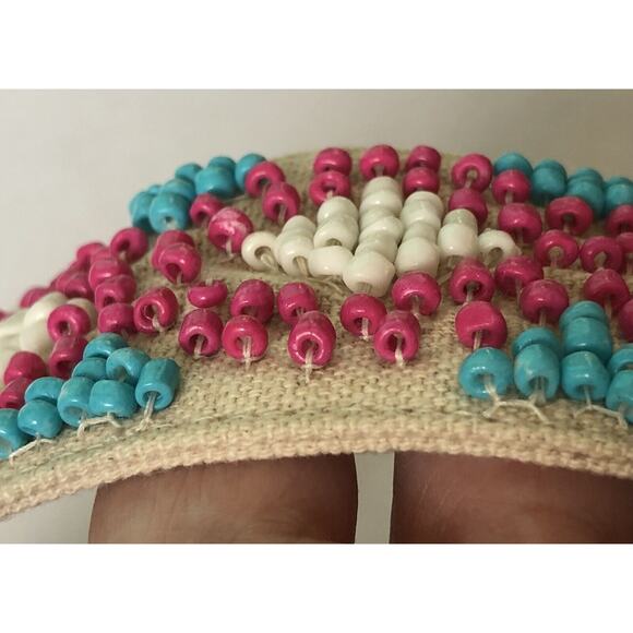 Anthropologie Belt Women’s Beaded Canvas Turquoise Pink Palm Beach Boho Casual - Picture 5 of 13